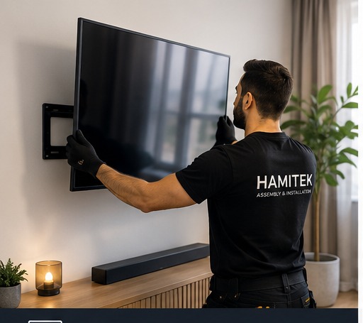 Stor platt-TV professionellt monterad på en vit vägg i ett vardagsrum i Stockholm